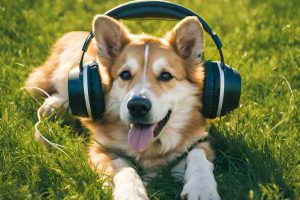 Corgi with headphones enjoying the summer tunes on 98.3FM The Deove